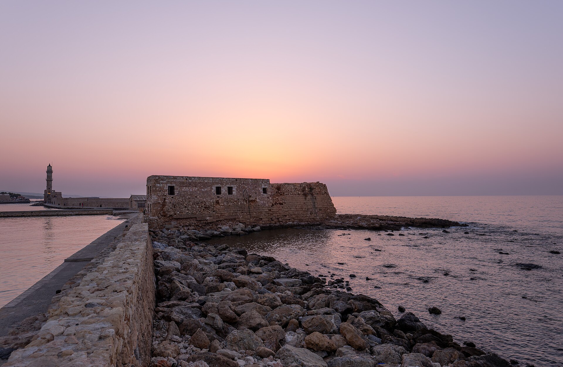 Chania Venetian Harbour with lighthouse and Old Town, Crete